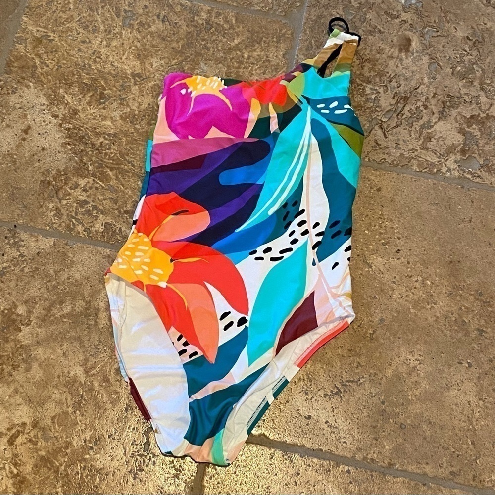 NWT~LA BLANCA Women Multicolor Floral One Shoulder Tummy Control Swimwear Size 4